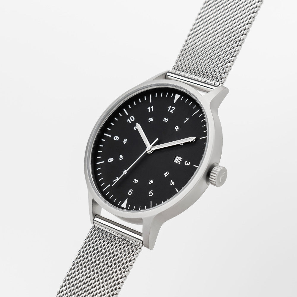 B70 Watch, Silver Case, Black Dial, Calendar, Luminous, Stainless Steel Mesh Strap