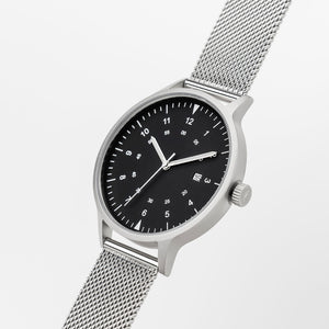 B70 Watch, Silver Case, Black Dial, Calendar, Luminous, Stainless Steel Mesh Strap