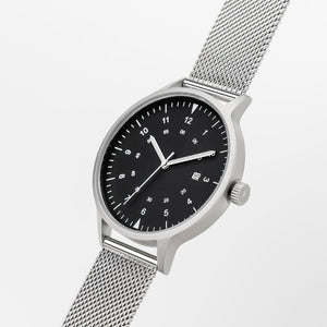 B70 Watch, Silver Case, Black Dial, Calendar, Luminous, Stainless Steel Mesh Strap