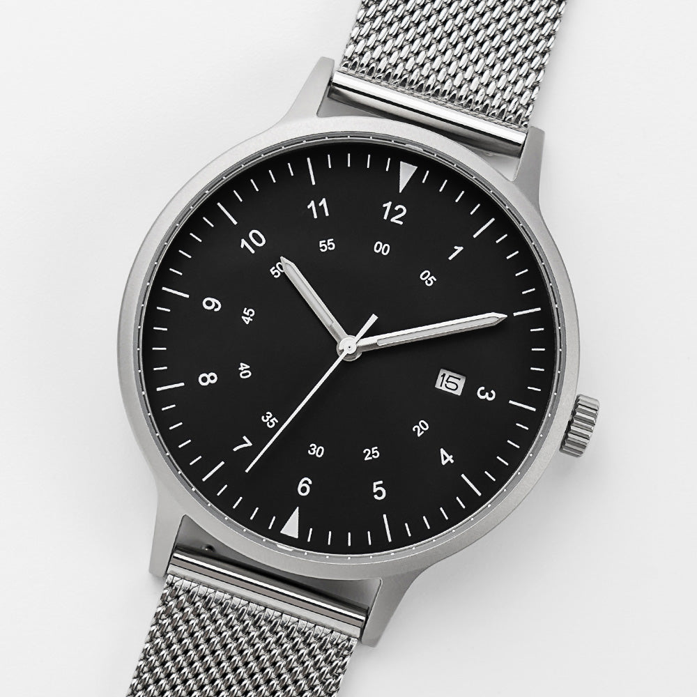 B70 Watch, Silver Case, Black Dial, Calendar, Luminous, Stainless Steel Mesh Strap