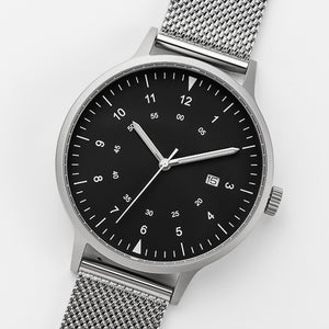 B70 Watch, Silver Case, Black Dial, Calendar, Luminous, Stainless Steel Mesh Strap