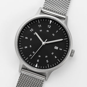 B70 Watch, Silver Case, Black Dial, Calendar, Luminous, Stainless Steel Mesh Strap