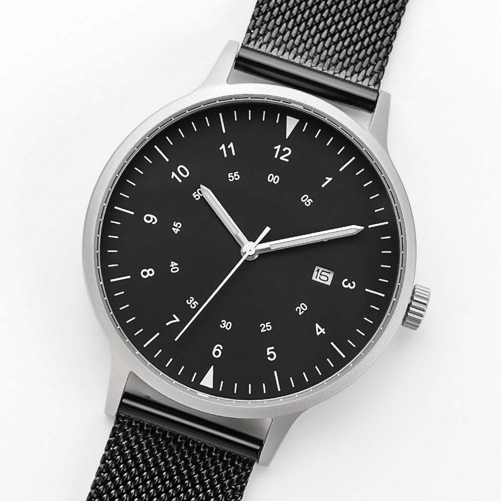 B70 Watch, Silver Case, Black Dial, Calendar, Luminous, Black Stainless Steel Mesh Strap
