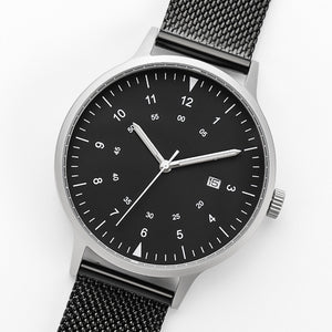 B70 Watch, Silver Case, Black Dial, Calendar, Luminous, Black Stainless Steel Mesh Strap