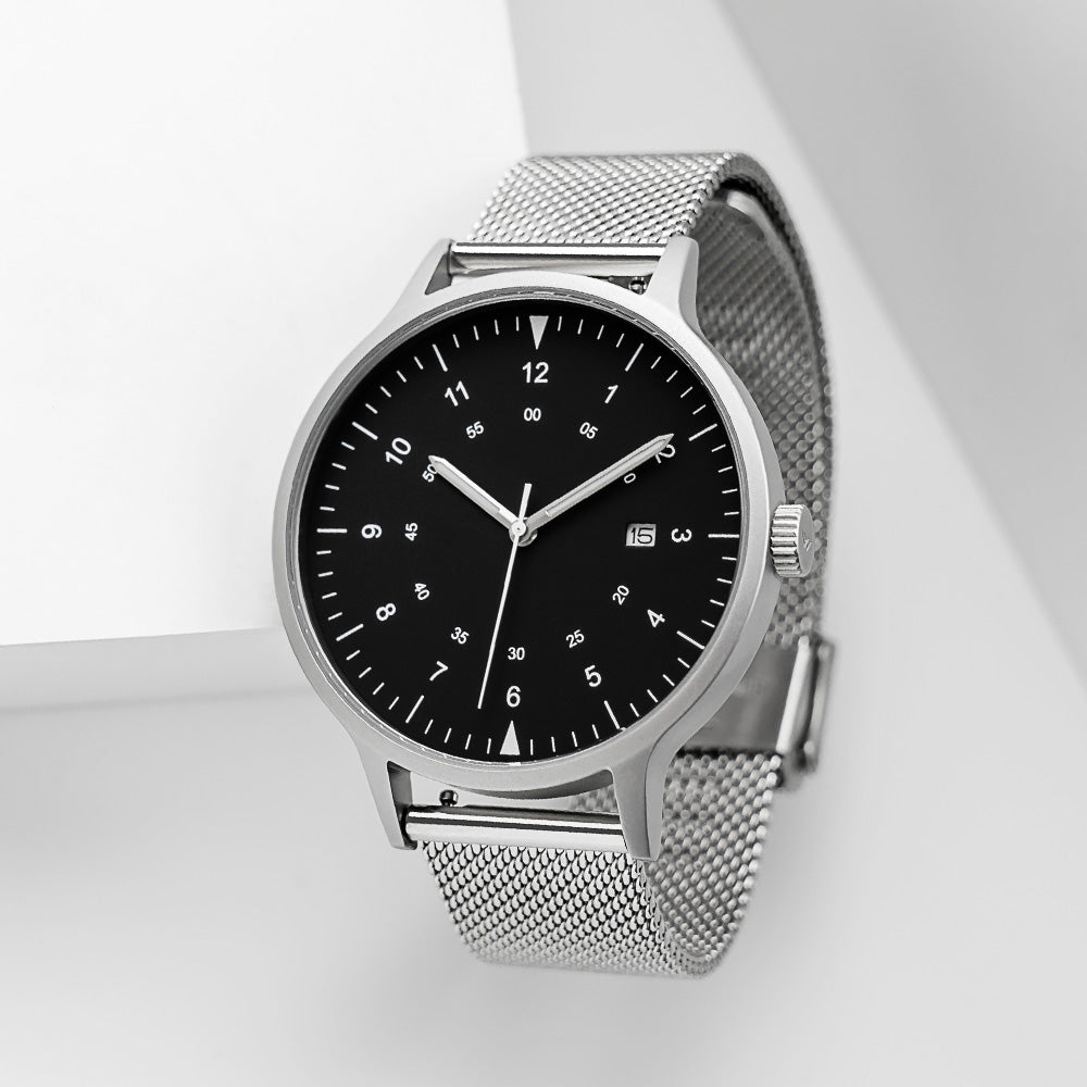 B70 Watch, Silver Case, Black Dial, Calendar, Luminous, Stainless Steel Mesh Strap