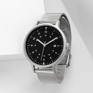 B70 Watch, Silver Case, Black Dial, Calendar, Luminous, Stainless Steel Mesh Strap