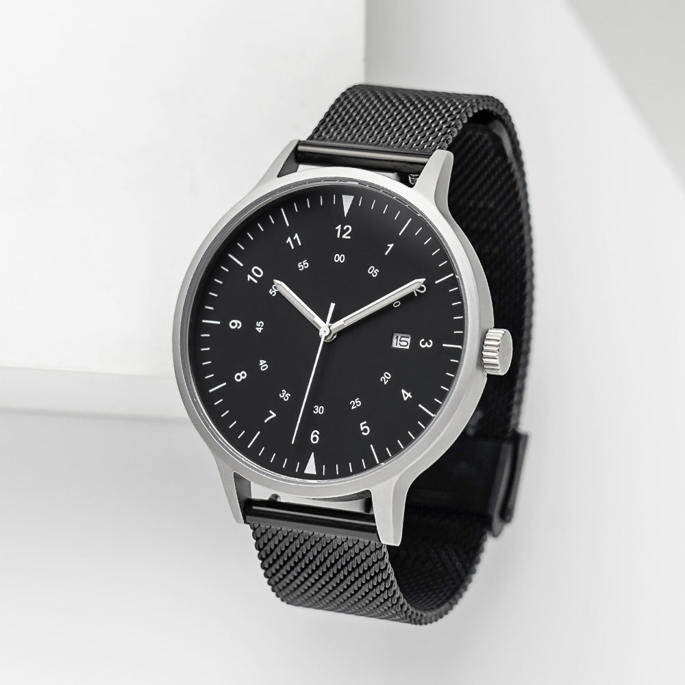 B70 Watch, Silver Case, Black Dial, Calendar, Luminous, Black Stainless Steel Mesh Strap