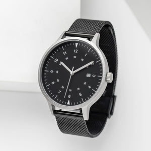 B70 Watch, Silver Case, Black Dial, Calendar, Luminous, Black Stainless Steel Mesh Strap