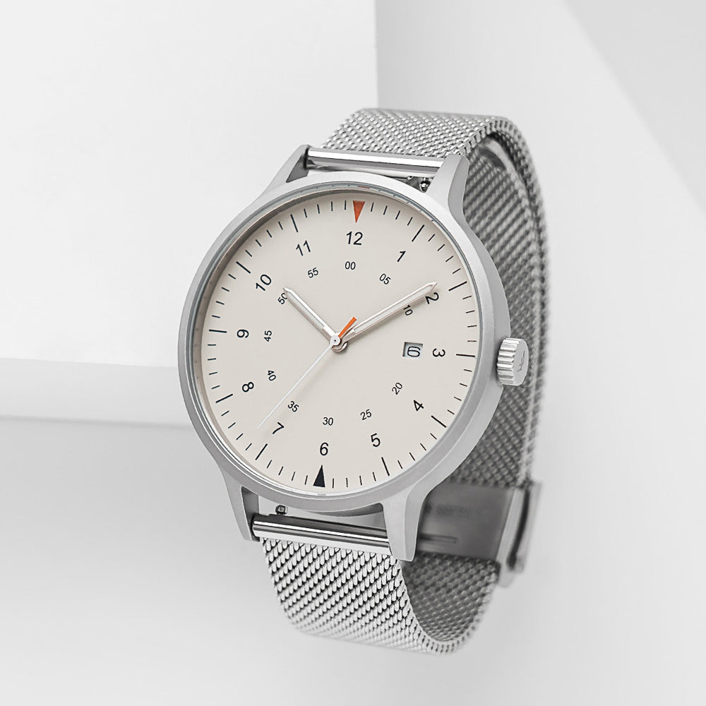 B70 Watch, Silver Case, Beige Dial, Calendar, Luminous, Stainless Steel Mesh Strap