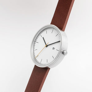 B202 Watch, Silver Case, White Dial, Calendar, Leather Strap - Brown - BIJOUONE