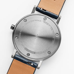 B001 Watch, Gunmetal Case, White Dial, Leather Strap - Navy - BIJOUONE