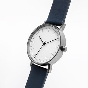 B001 Watch, Gunmetal Case, White Dial, Leather Strap - Navy - BIJOUONE