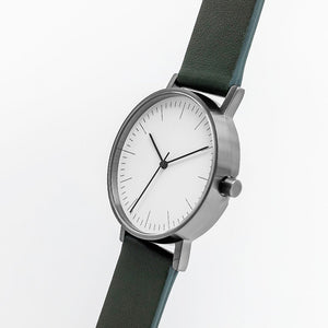 B001 Watch, Gunmetal Case, White Dial, Leather Strap