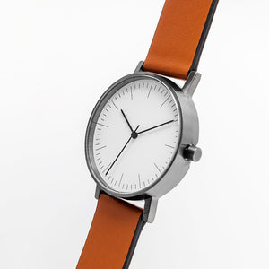 B001 Watch, Gunmetal Case, White Dial, Leather Strap - Tan - BIJOUONE
