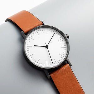 B001 Watch, Gunmetal Case, White Dial, Leather Strap - Tan - BIJOUONE