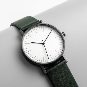 B001 Watch, Gunmetal Case, White Dial, Leather Strap