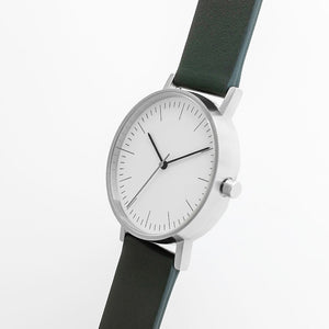 B001 Watch, Silver Case, White Dial, Leather Strap