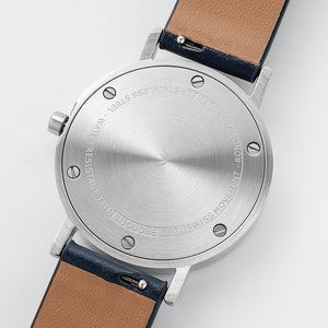 B001 Watch, Silver Case, White Dial, Leather Strap - Navy - BIJOUONE