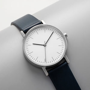 B001 Watch, Silver Case, White Dial, Leather Strap - Navy - BIJOUONE
