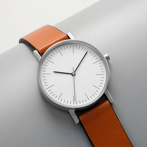 B001 Watch, Silver Case, White Dial, Leather Strap