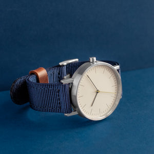 B001 Watch, Silver Case, Off White Dial, Nylon Strap - Navy - BIJOUONE