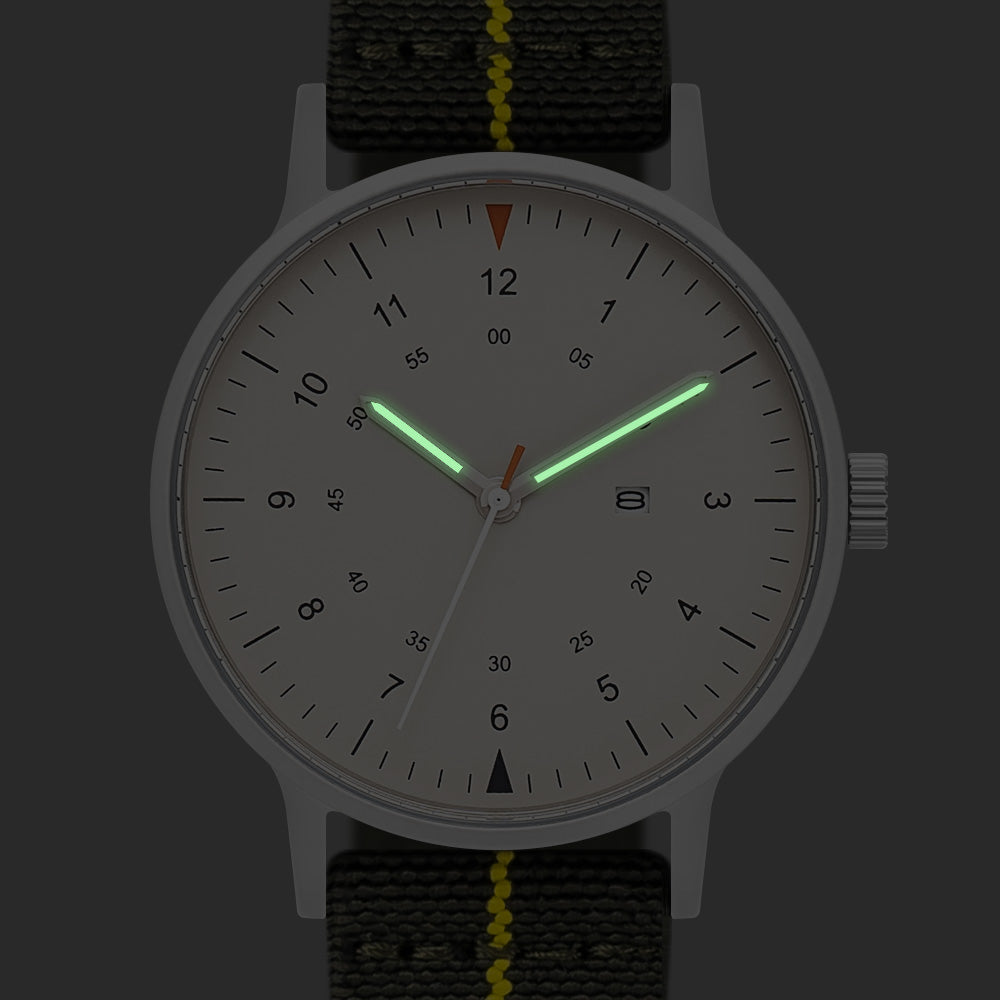 B70 Watch, Silver Case, Beige Dial, Calendar, Luminous, Stretch Nylon straps - Green