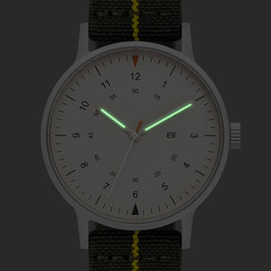 B70 Watch, Silver Case, Beige Dial, Calendar, Luminous, Stretch Nylon straps - Green