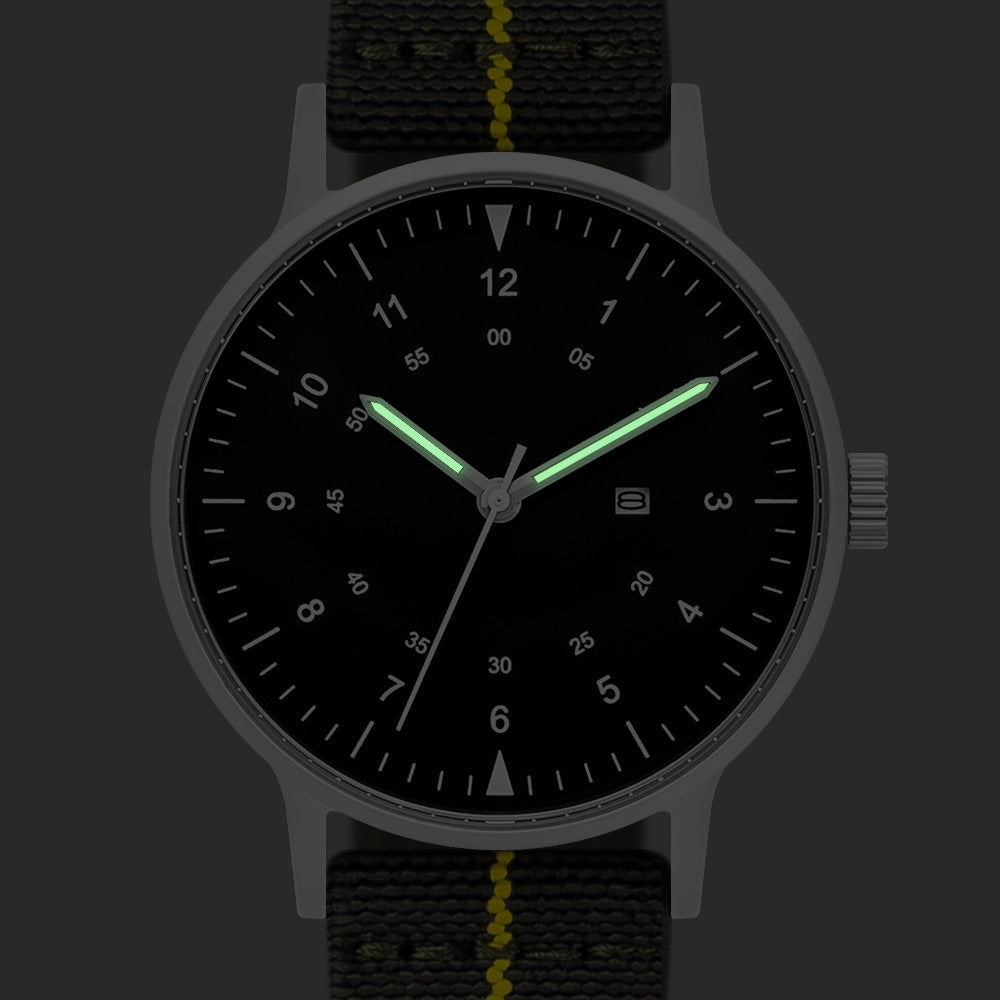 B70 Watch, Silver Case, Black Dial, Calendar, Luminous, Stretch Nylon straps - Green
