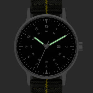 B70 Watch, Silver Case, Black Dial, Calendar, Luminous, Stretch Nylon Strap