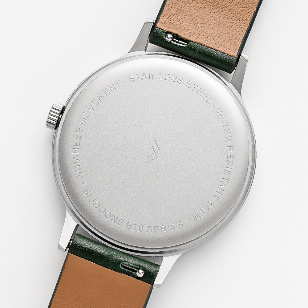 B70 Watch, Silver Case, Black Dial, Calendar, Luminous, Leather Strap - Green
