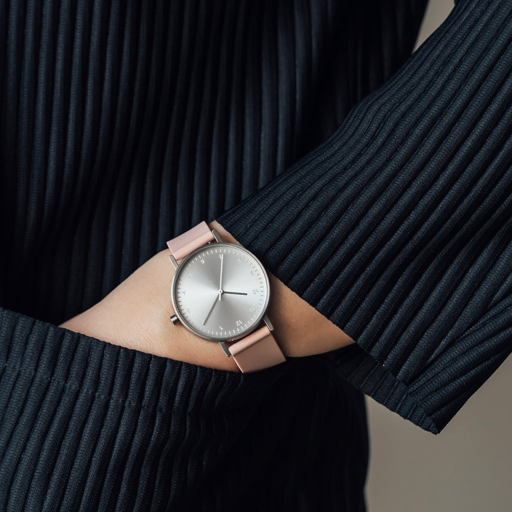 B60 Watch, Silver Case, Silver Dial, Rubber Strap - 0007-Nude Pink