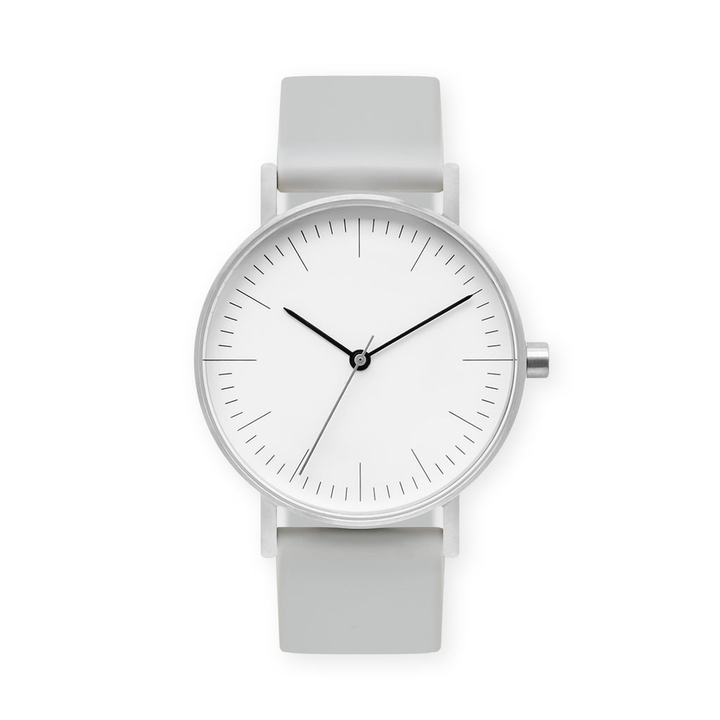 B001 Watch, Silver Case, White Dial, Rubber Strap - 0002-Light Grey