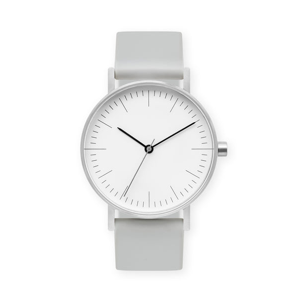 B001 Watch, Silver Case, White Dial, Rubber Strap - 0002-Light Grey