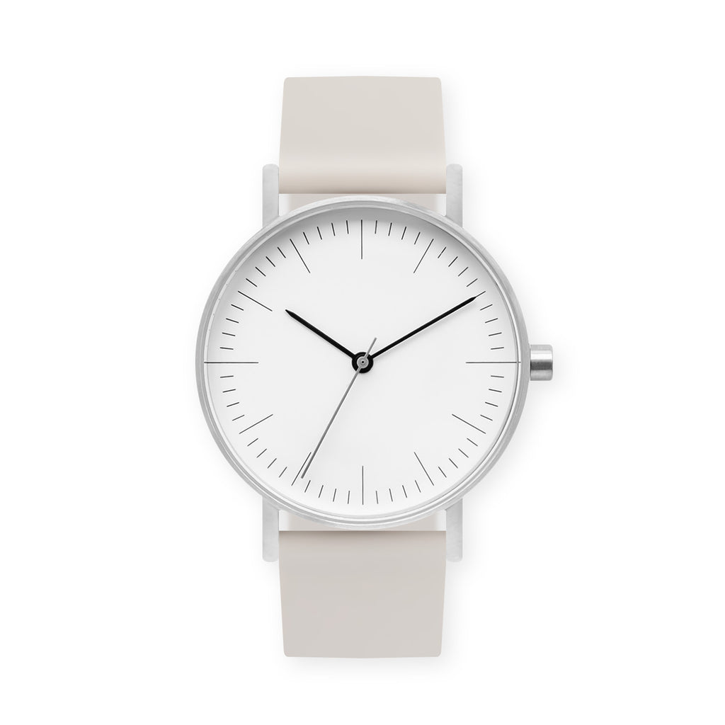 B001 Watch, Silver Case, White Dial, Rubber Strap - 0005-Ivory