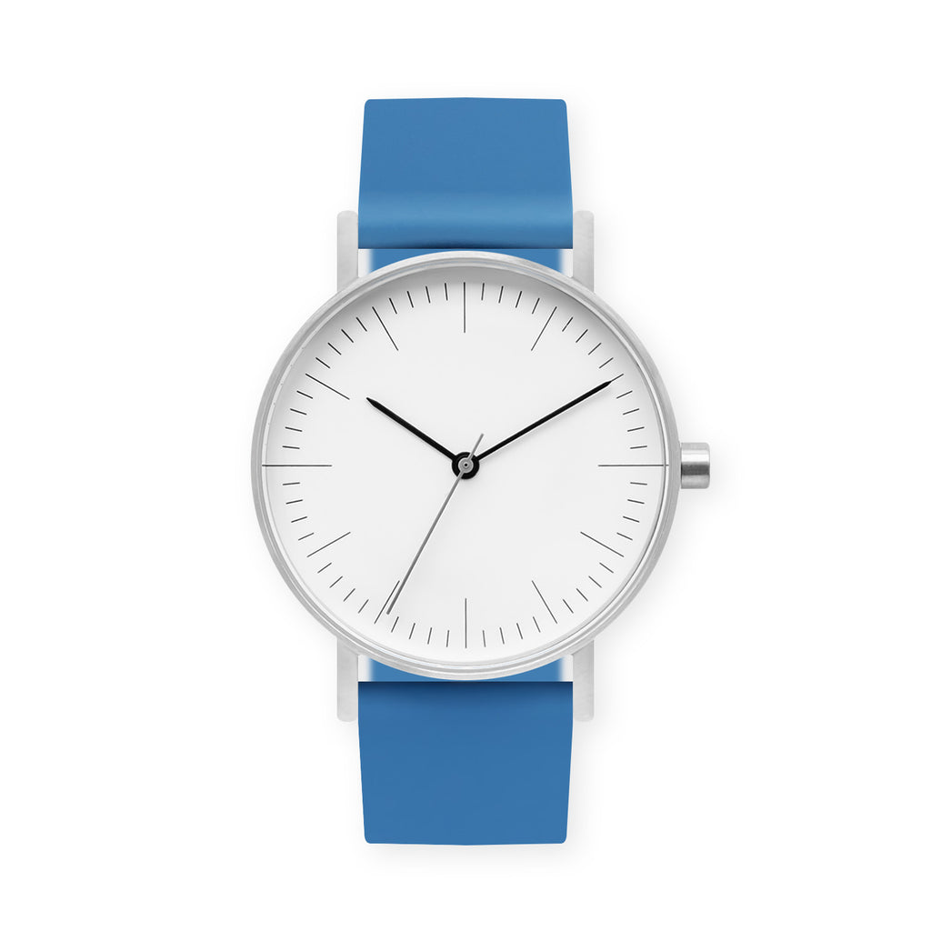 B001 Watch, Silver Case, White Dial, Rubber Strap - 0006-Blue