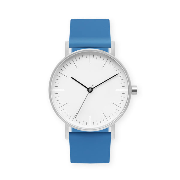 B001 Watch, Silver Case, White Dial, Rubber Strap - 0006-Blue