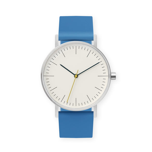 B001 Watch, Silver Case, Off White Dial, Rubber Strap - 0006-Blue