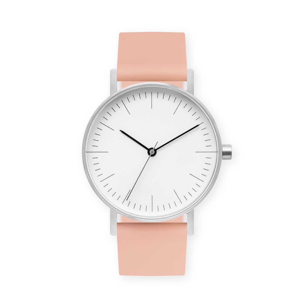 B001 Watch, Silver Case, White Dial, Rubber Strap - 0007-Nude Pink