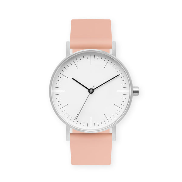 B001 Watch, Silver Case, White Dial, Rubber Strap - 0007-Nude Pink