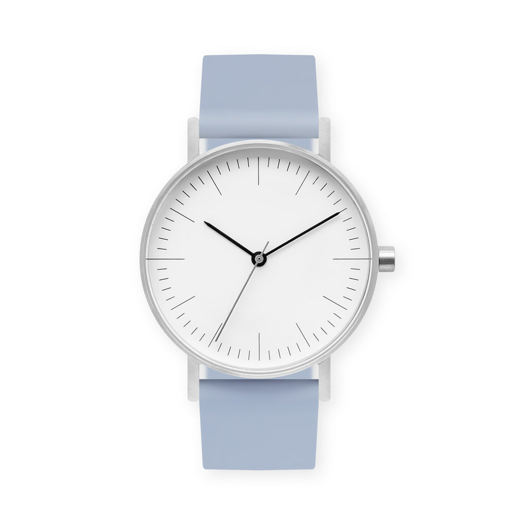 B001 Watch, Silver Case, White Dial, Rubber Strap - 0008-Dusty Blue
