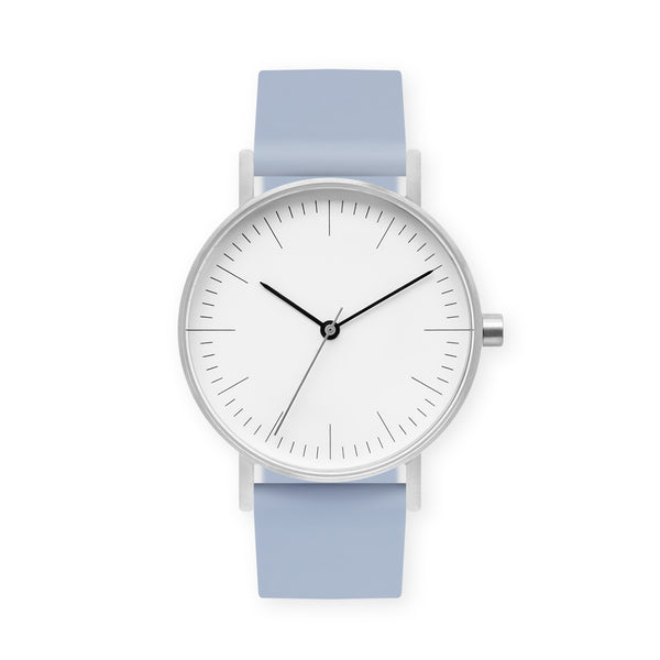 B001 Watch, Silver Case, White Dial, Rubber Strap - 0008-Dusty Blue