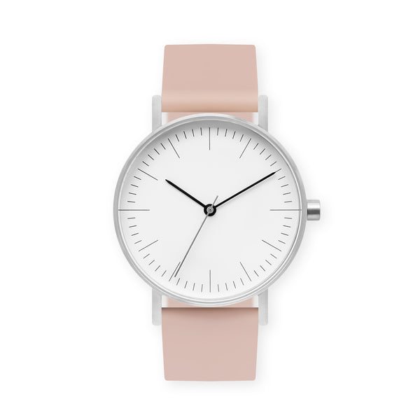 B001 Watch, Silver Case, White Dial, Rubber Strap - 0011-Pink Sand