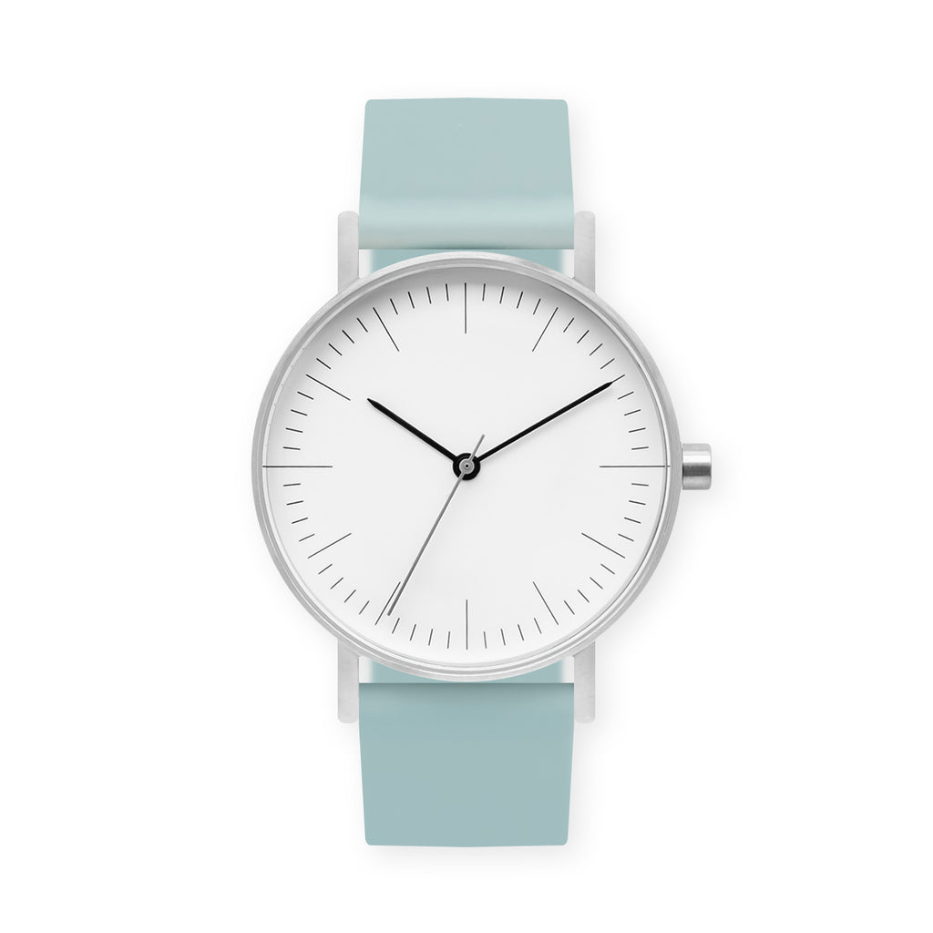 B001 Watch, Silver Case, White Dial, Rubber Strap - 0012-Aquamarine