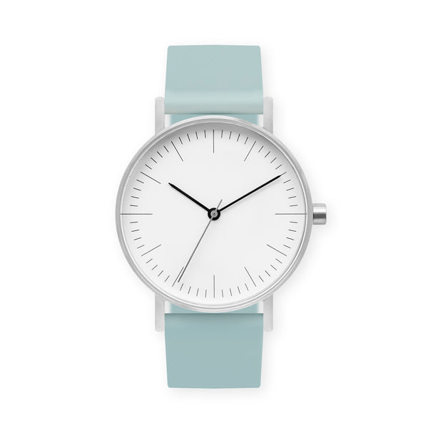 B001 Watch, Silver Case, White Dial, Rubber Strap - 0012-Aquamarine