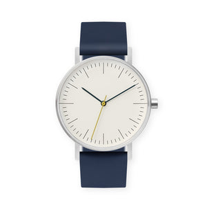B001 Watch, Silver Case, Off White Dial, Silicone Strap - 0013-Midnight Blue - BIJOUONE