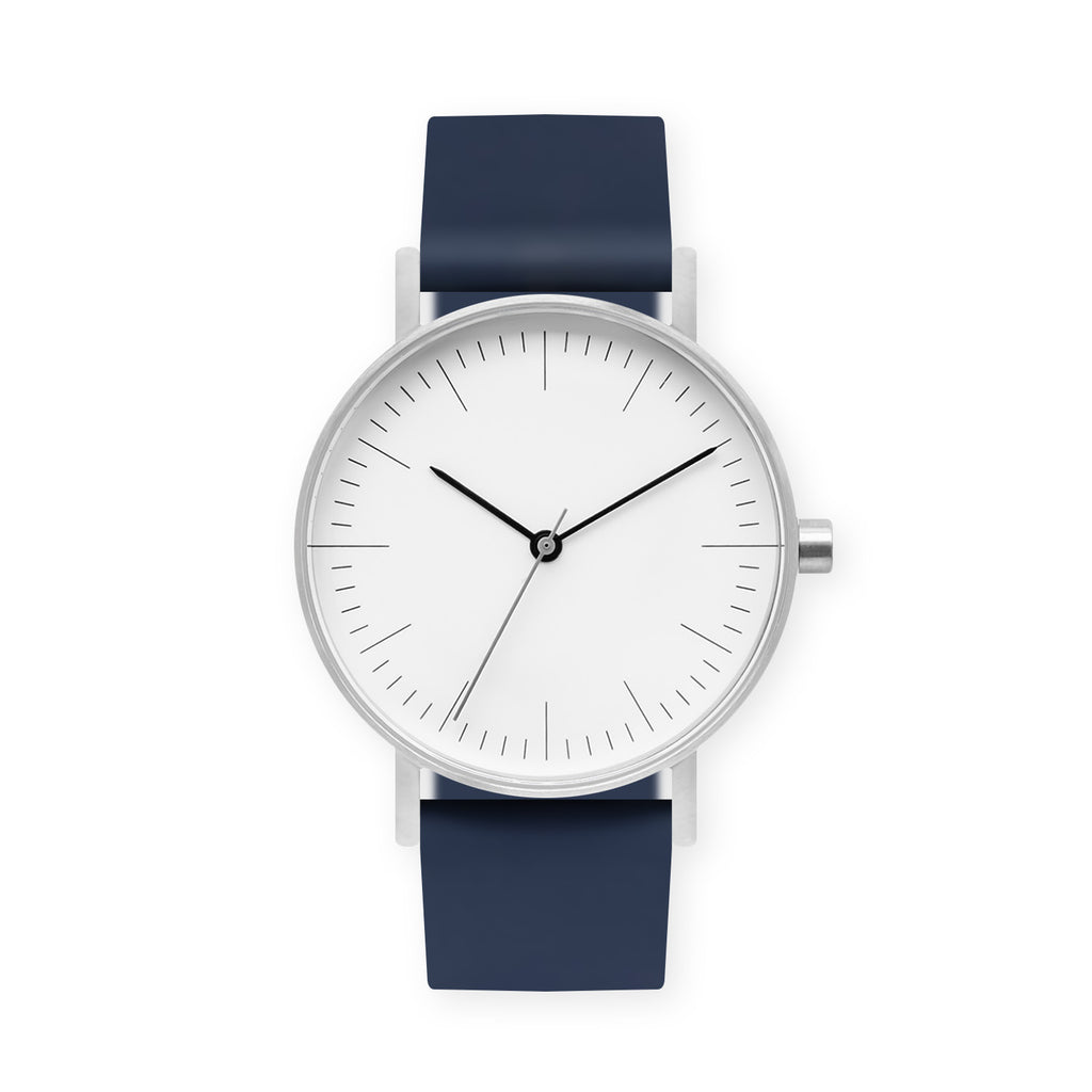 B001 Watch, Silver Case, White Dial, Rubber Strap - 0013-Midnight Blue