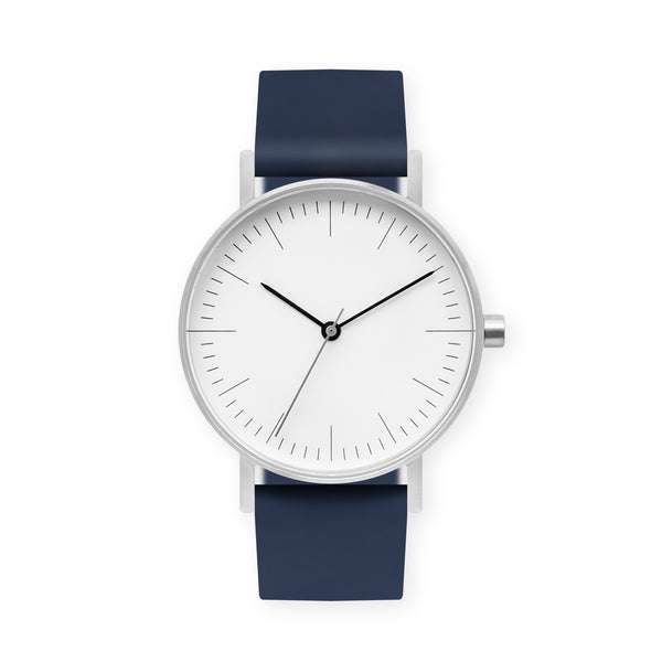B001 Watch, Silver Case, White Dial, Rubber Strap - 0013-Midnight Blue