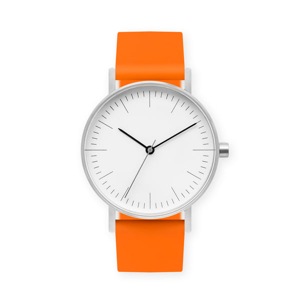 B001 Watch, Silver Case, White Dial, Rubber Strap - 0014-Orange