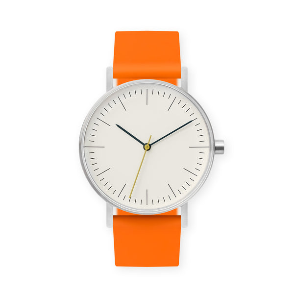 B001 Watch, Silver Case, Off White Dial, Rubber Strap - 0014-Orange