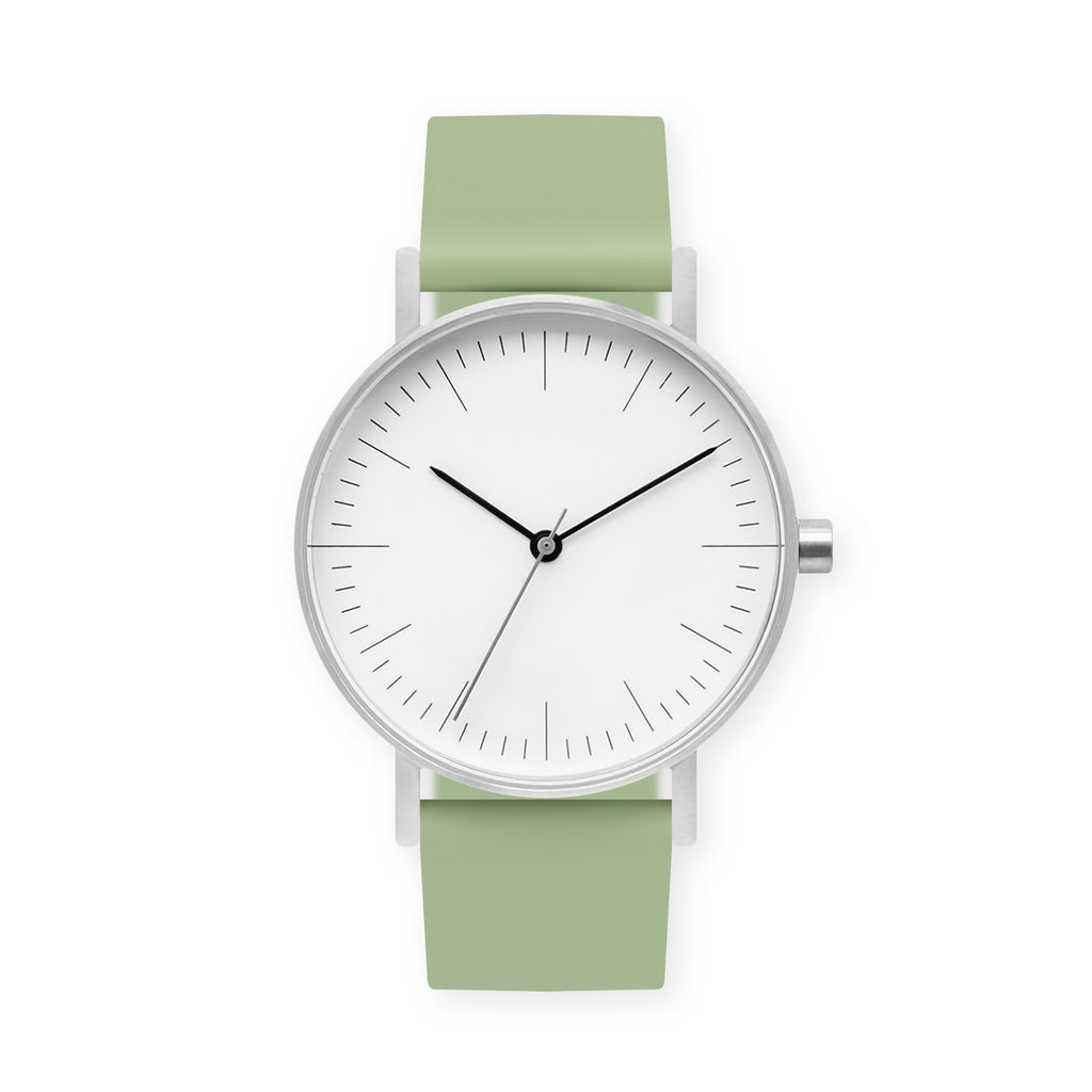B001 Watch, Silver Case, White Dial, Rubber Strap - 0018-Mint Green